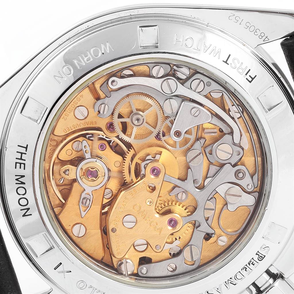 The image shows the inner mechanical components of an Omega Speedmaster 3570.50.00 Men
s Stainless Steel Black Dial 3570.50.00 Men
s Stainless Steel Black Dial watch viewed through its transparent case back.