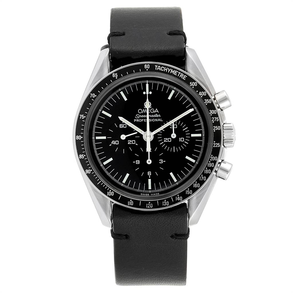 The Omega Speedmaster 3570.50.00 Men
s Stainless Steel Black Dial 3570.50.00 Men
s Stainless Steel Black Dial watch is shown from a front view, featuring the dial, tachymeter, and pushers.