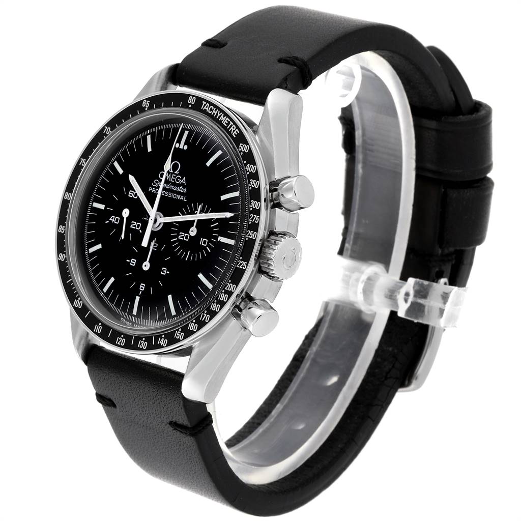The Omega Speedmaster 3570.50.00 Men
s Stainless Steel Black Dial 3570.50.00 Men
s Stainless Steel Black Dial watch is shown at a three-quarter angle, displaying its face, bezel, chronograph buttons, and leather strap.
