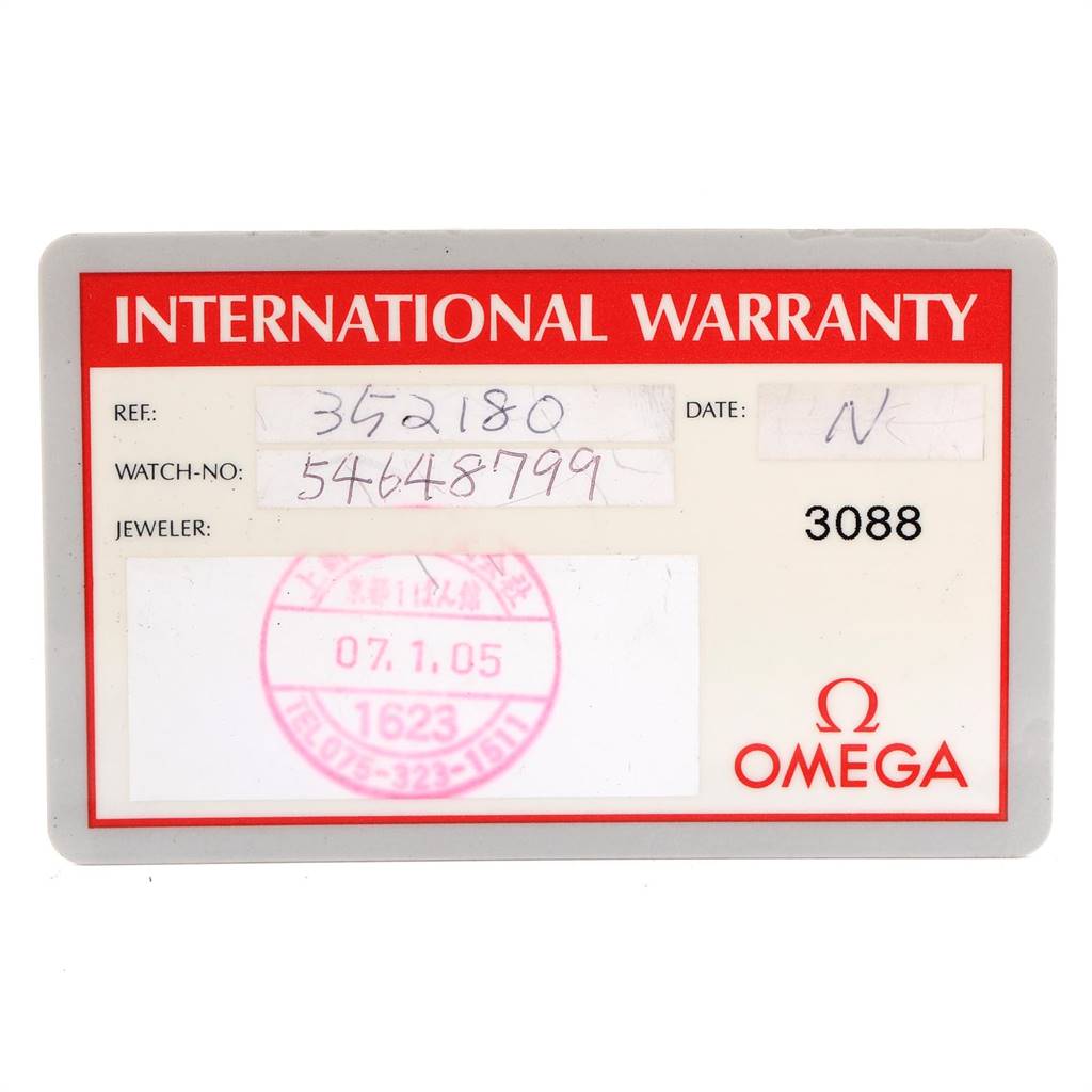 This is an Omega Speedmaster 3521.80.00 Men
s Stainless Steel Blue Dial 3521.80.00 Men
s Stainless Steel Blue Dial International Warranty card, showing the reference number, watch number, date, jeweler, and other details.