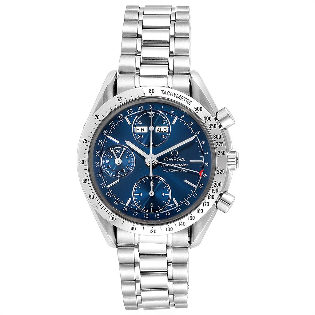 The Omega Speedmaster 3521.80.00 Men
s Stainless Steel Blue Dial 3521.80.00 Men
s Stainless Steel Blue Dial watch is shown from a front angle, displaying its blue dial, tachymeter bezel, and stainless steel bracelet.