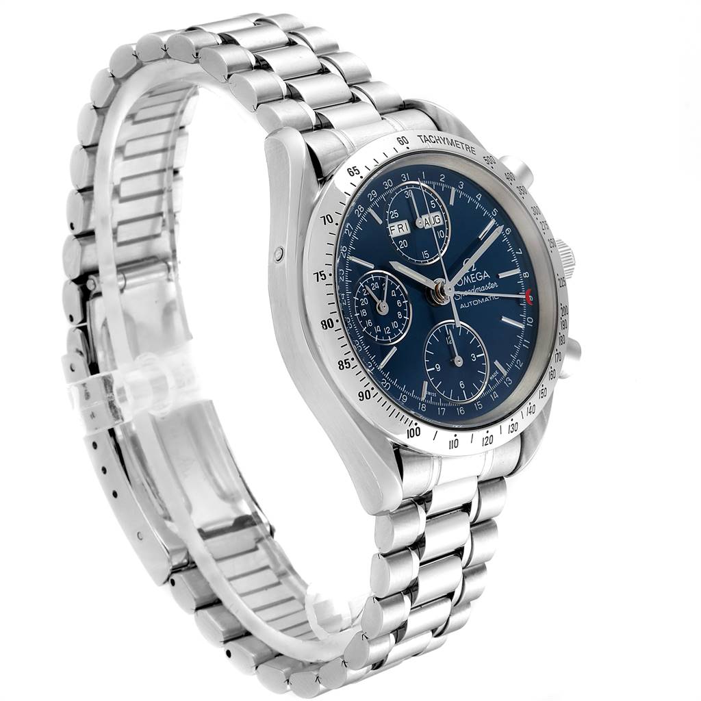 The image shows an Omega Speedmaster 3521.80.00 Men
s Stainless Steel Blue Dial 3521.80.00 Men
s Stainless Steel Blue Dial watch at a three-quarter angle, highlighting its blue dial, chronograph subdials, and stainless steel bracelet.