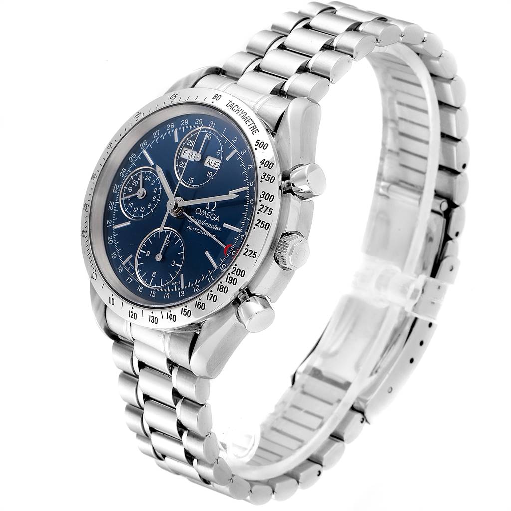 This image shows an Omega Speedmaster 3521.80.00 Men
s Stainless Steel Blue Dial 3521.80.00 Men
s Stainless Steel Blue Dial watch at a three-quarter angle, displaying the face, bezel, and bracelet.