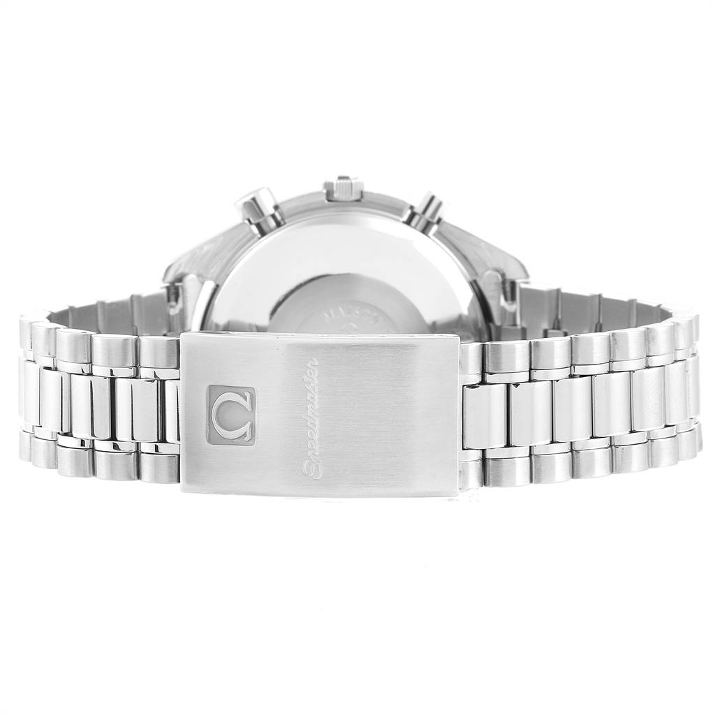 The image shows the back view of an Omega Speedmaster 3521.80.00 Men
s Stainless Steel Blue Dial 3521.80.00 Men
s Stainless Steel Blue Dial watch with its stainless steel bracelet and clasp.