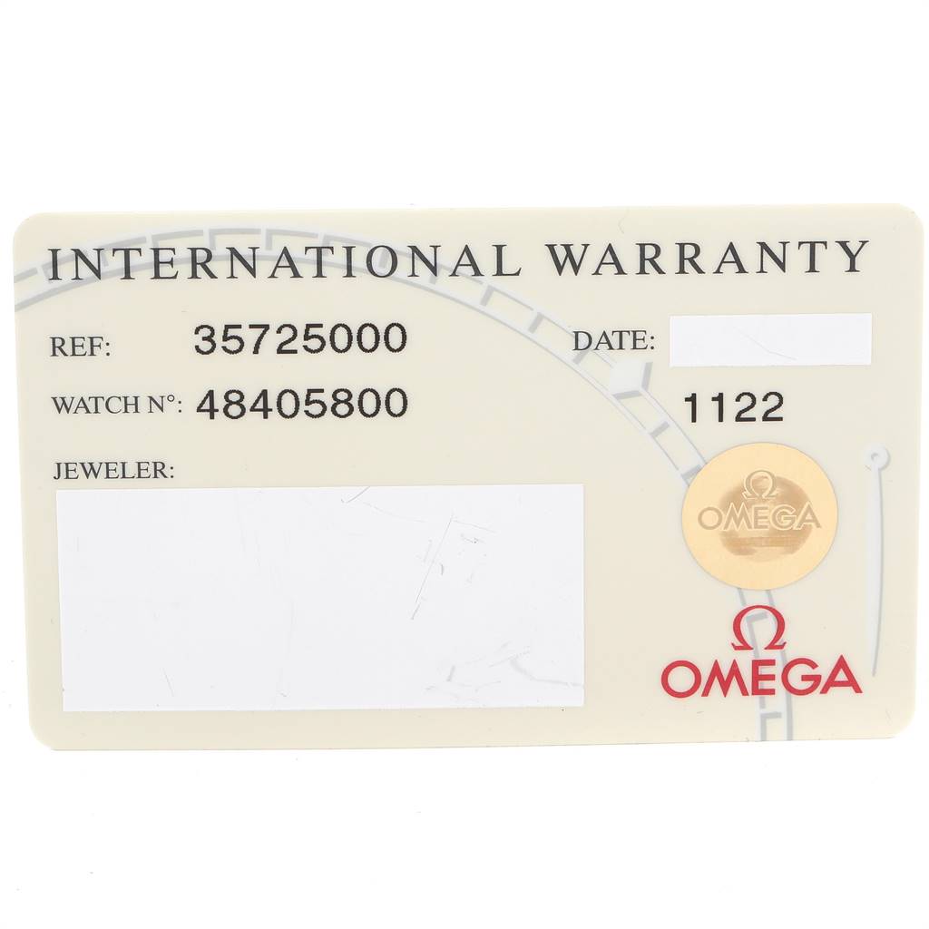The image shows an Omega International Warranty card for an Omega Speedmaster 3572.50.00 Men
s Stainless Steel Black Dial 3572.50.00 Men
s Stainless Steel Black Dial model watch.