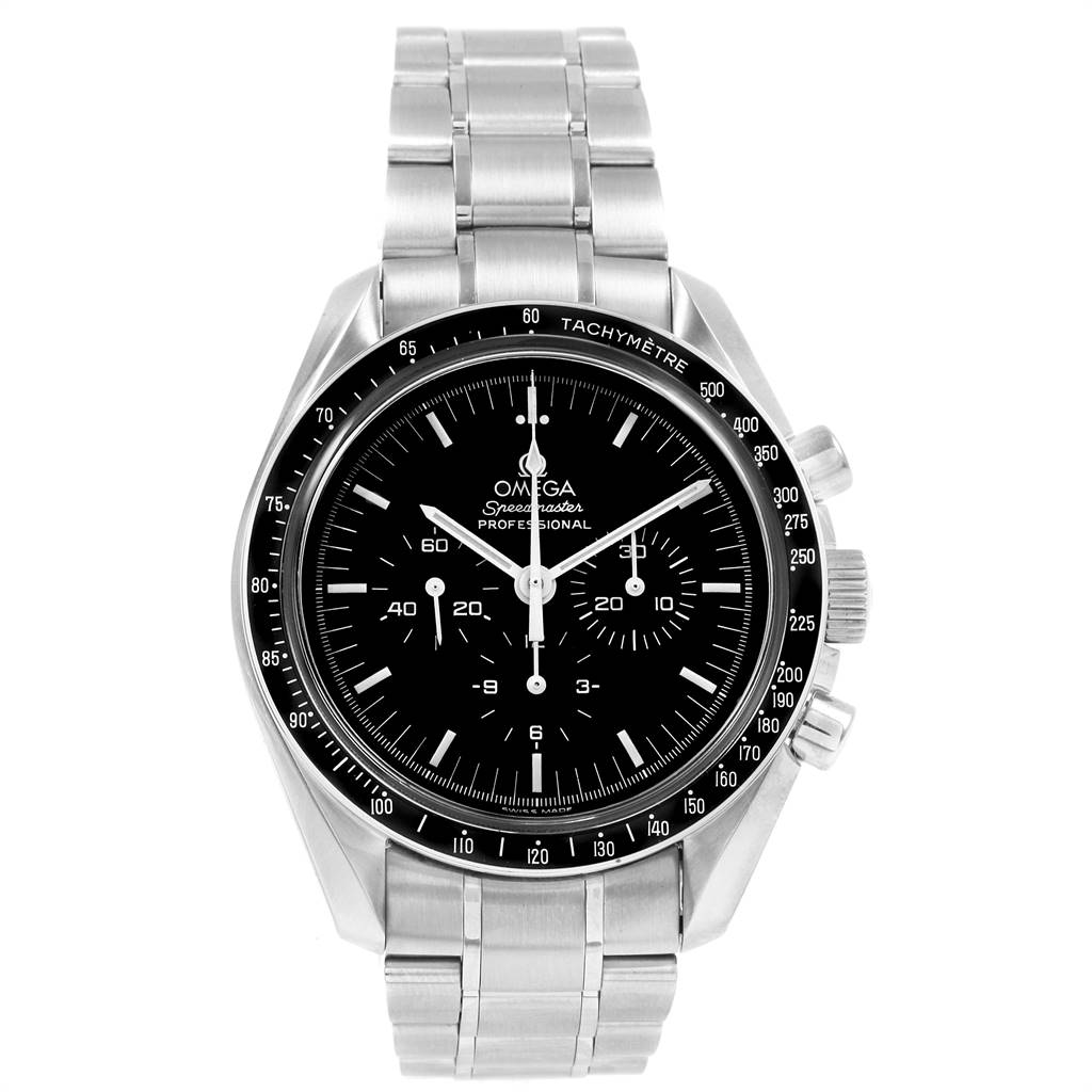 The image shows a front view of the Omega Speedmaster 3572.50.00 Men
s Stainless Steel Black Dial 3572.50.00 Men
s Stainless Steel Black Dial Professional watch with its stainless steel bracelet and tachymeter bezel.
