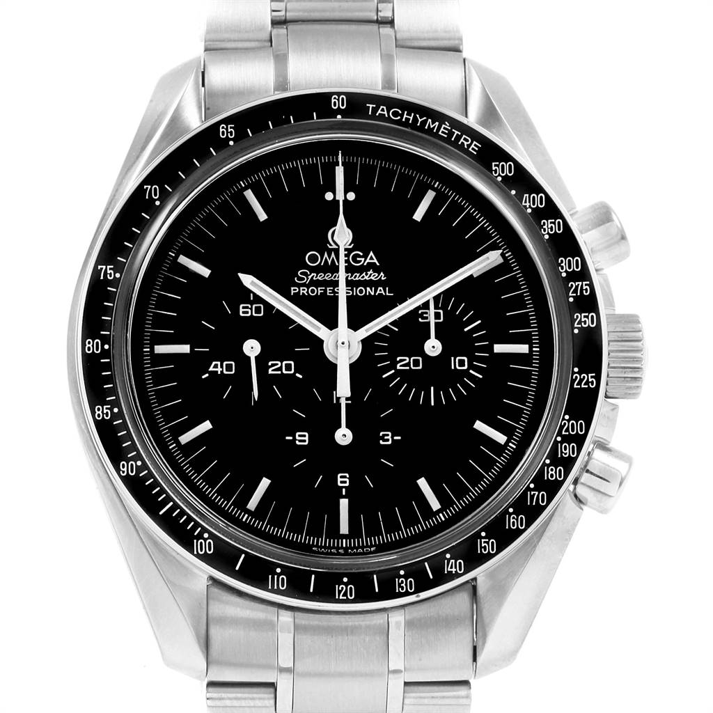 The Omega Speedmaster 3572.50.00 Men
s Stainless Steel Black Dial 3572.50.00 Men
s Stainless Steel Black Dial watch is shown from the front, highlighting its dial, bezel, and buttons.