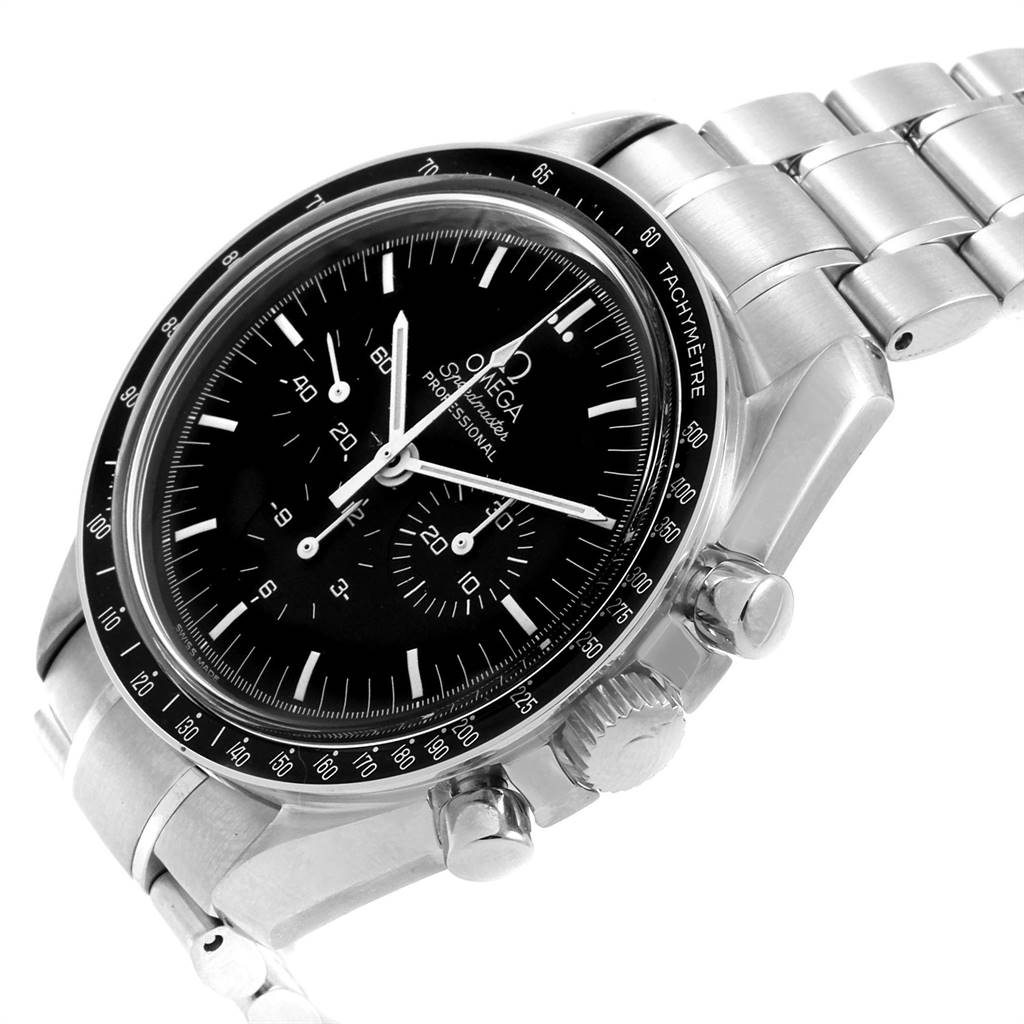 The Omega Speedmaster 3572.50.00 Men
s Stainless Steel Black Dial 3572.50.00 Men
s Stainless Steel Black Dial watch is shown at a three-quarter angle, displaying the dial, bezel, crown, and part of the bracelet.