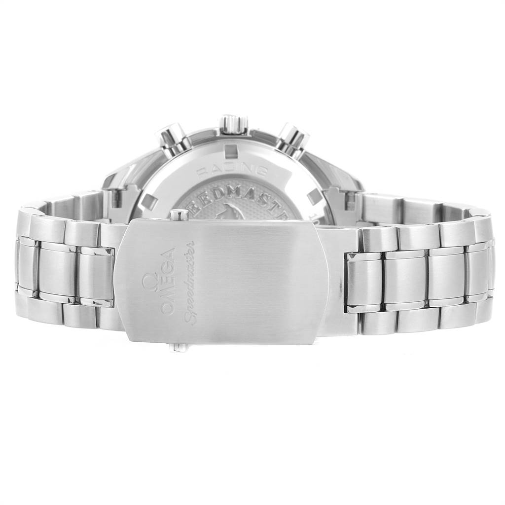 The image shows the back side and clasp of an Omega Speedmaster 326.30.40.50.02.001 Men
s Stainless Steel Silver Dial 326.30.40.50.02.001 Men
s Stainless Steel Silver Dial watch, highlighting the bracelet and case back.