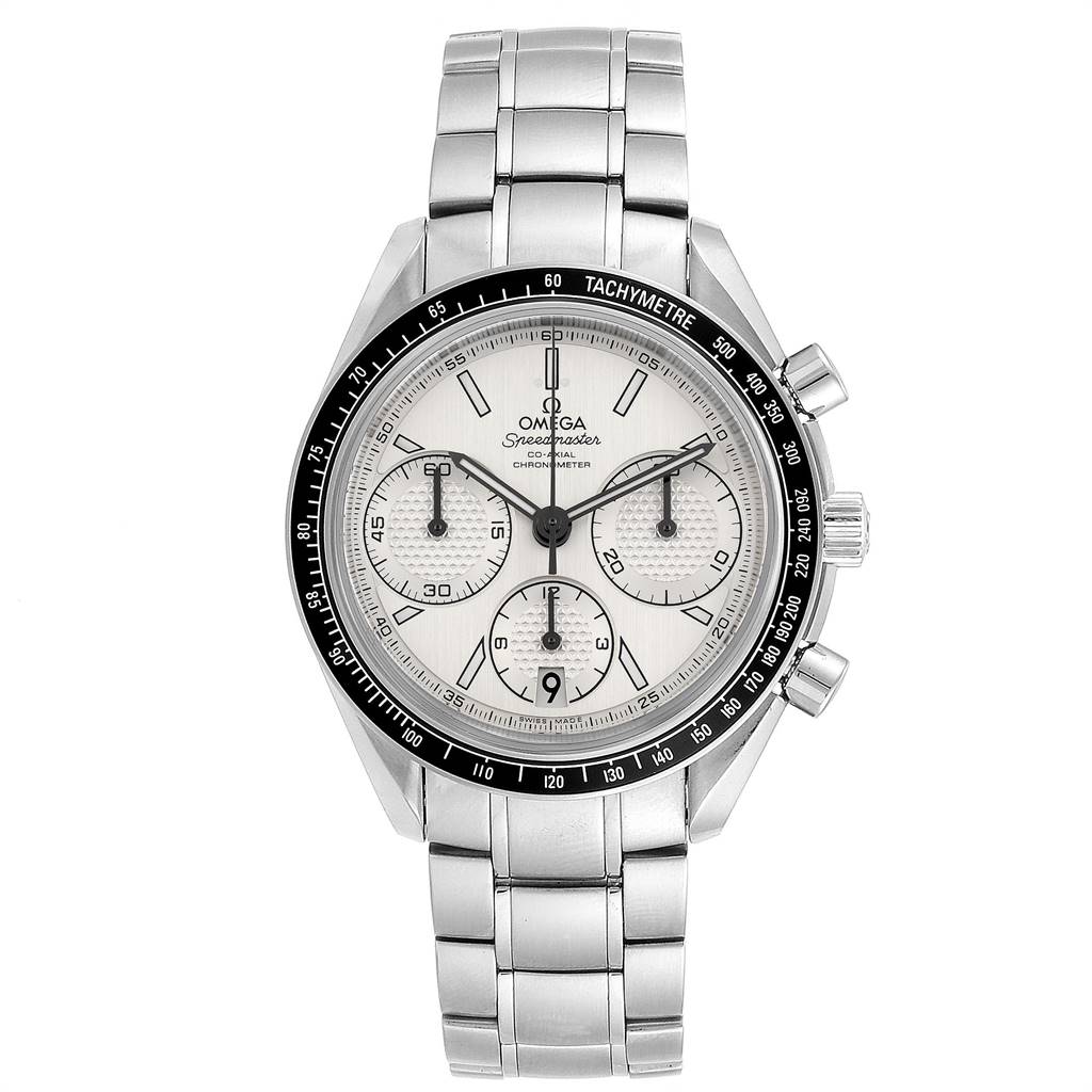 The image shows an Omega Speedmaster 326.30.40.50.02.001 Men
s Stainless Steel Silver Dial 326.30.40.50.02.001 Men
s Stainless Steel Silver Dial watch from a front angle, featuring its face, bezel, and metal bracelet.
