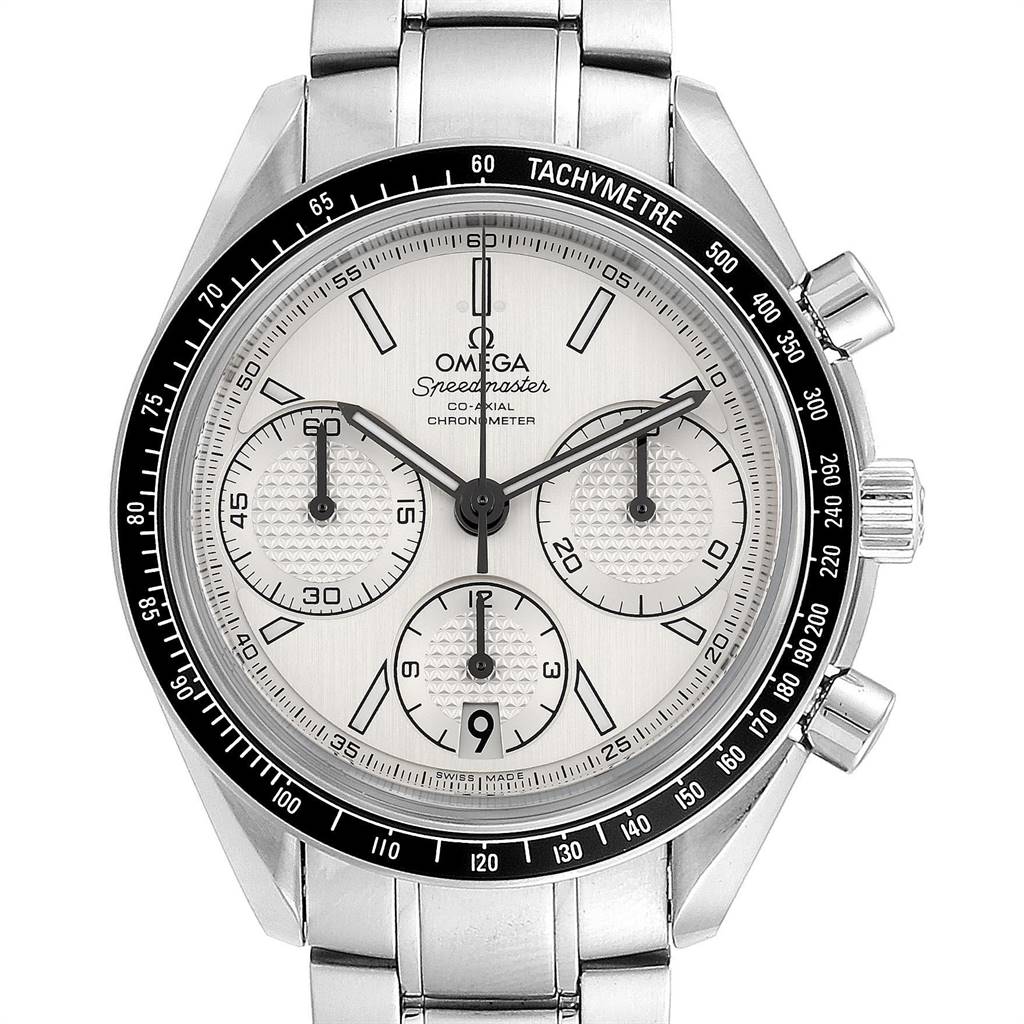 The image shows a frontal view of the Omega Speedmaster 326.30.40.50.02.001 Men
s Stainless Steel Silver Dial 326.30.40.50.02.001 Men
s Stainless Steel Silver Dial watch, highlighting the dial, tachymeter bezel, and chronograph pushers.