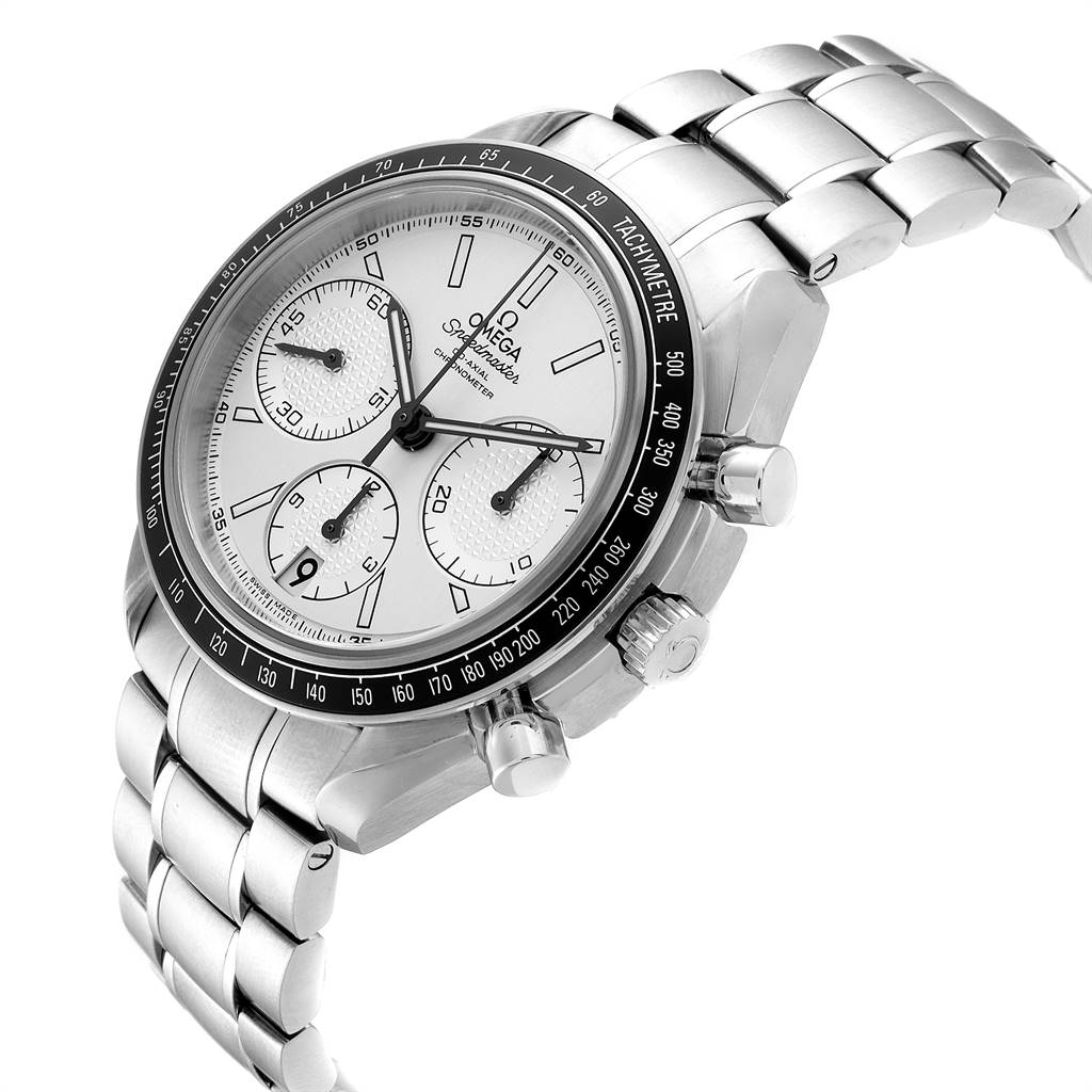 The Omega Speedmaster 326.30.40.50.02.001 Men
s Stainless Steel Silver Dial 326.30.40.50.02.001 Men
s Stainless Steel Silver Dial watch is shown at an angle displaying its face, bezel, crown, pushers, and full metal bracelet.