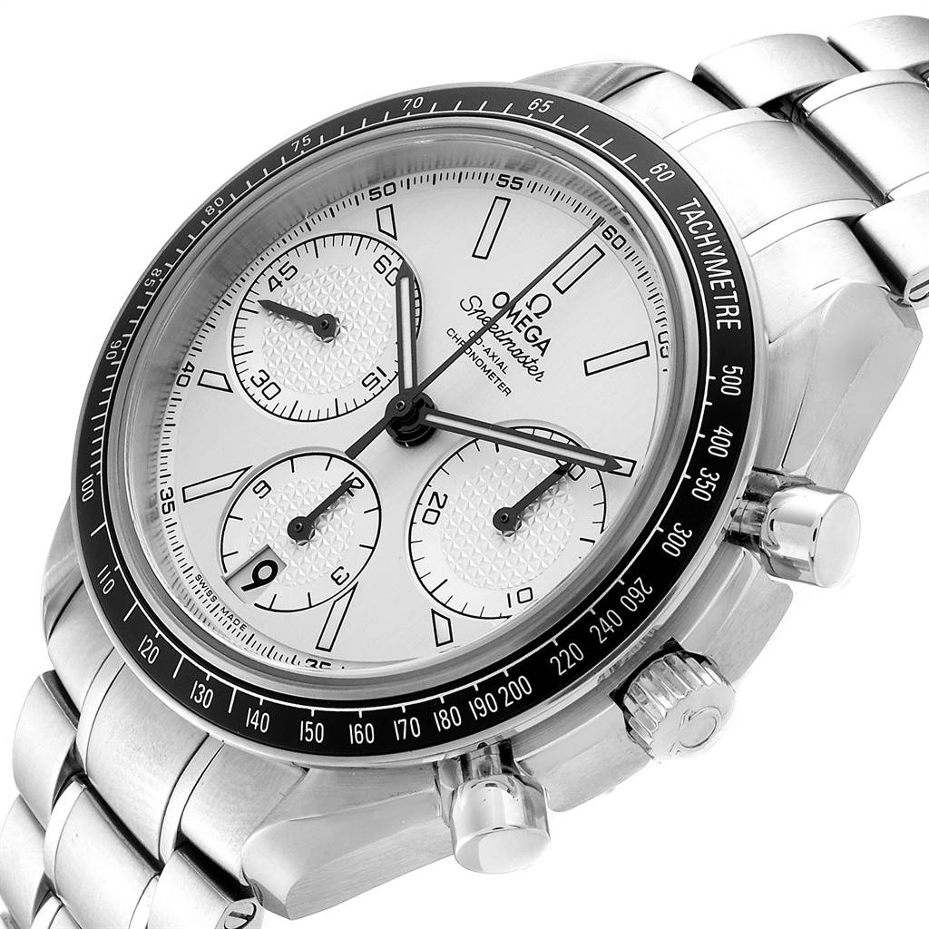 The image shows an angled view of the Omega Speedmaster 326.30.40.50.02.001 Men
s Stainless Steel Silver Dial 326.30.40.50.02.001 Men
s Stainless Steel Silver Dial watch, highlighting its face, bezel, and part of its bracelet.