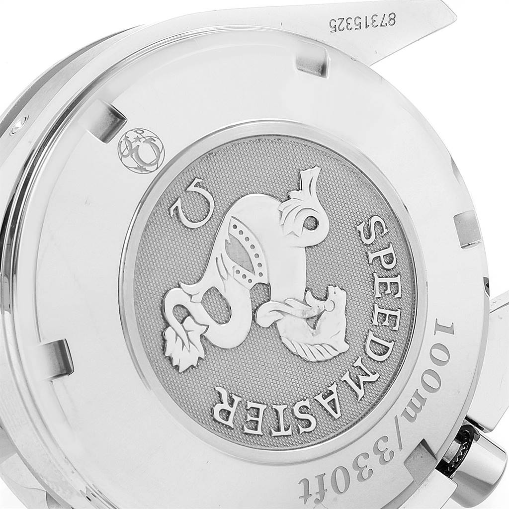 The image shows the case back of an Omega Speedmaster 323.30.40.40.06.001 Men
s Stainless Steel Grey Dial 323.30.40.40.06.001 Men
s Stainless Steel Grey Dial watch with branding and depth rating details.