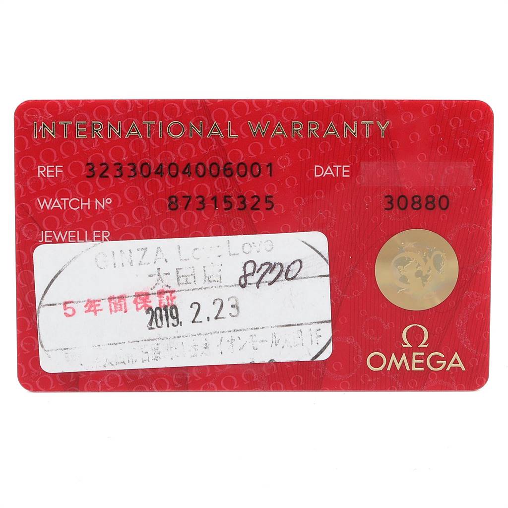 The image shows an Omega Speedmaster 323.30.40.40.06.001 Men
s Stainless Steel Grey Dial 323.30.40.40.06.001 Men
s Stainless Steel Grey Dial
s International Warranty card, featuring reference and watch numbers.