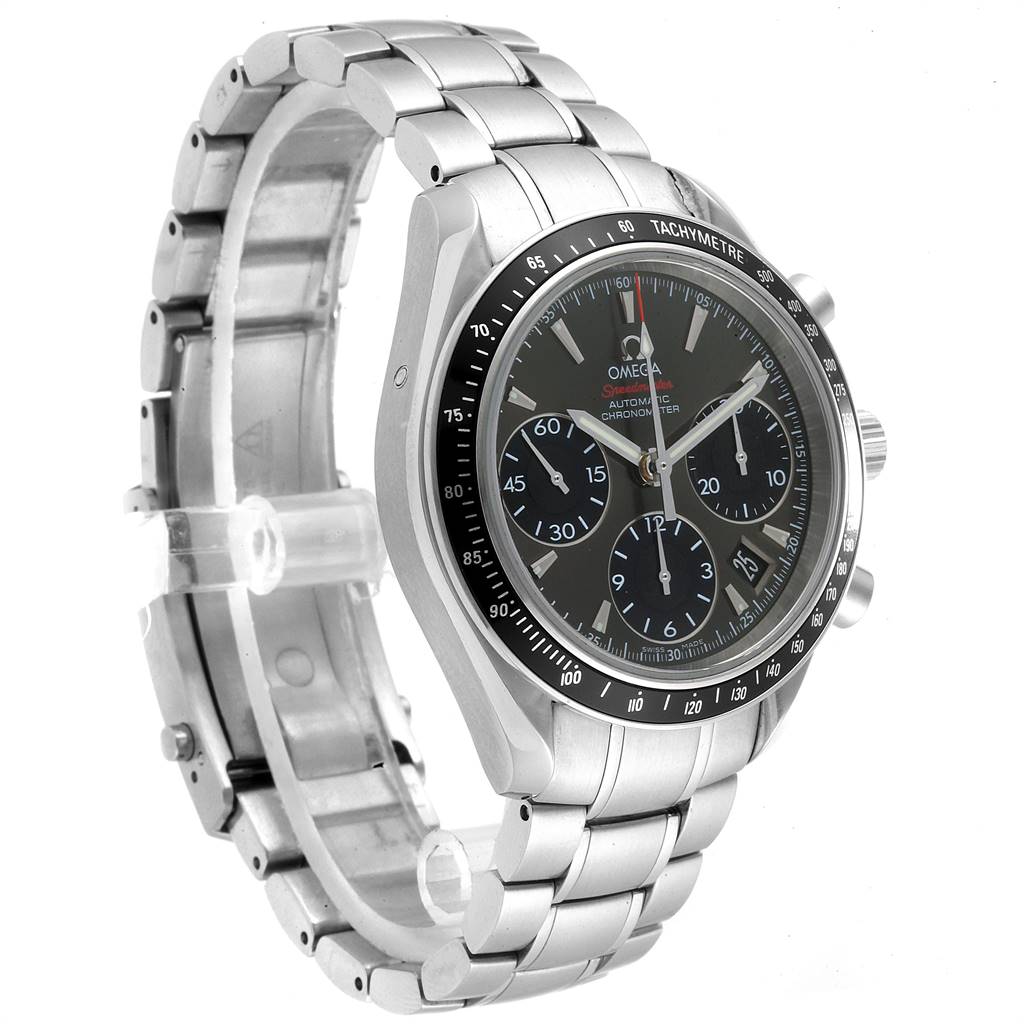 The image shows a side-angle view of the Omega Speedmaster 323.30.40.40.06.001 Men
s Stainless Steel Grey Dial 323.30.40.40.06.001 Men
s Stainless Steel Grey Dial watch, highlighting its face, bezel, and stainless steel bracelet.