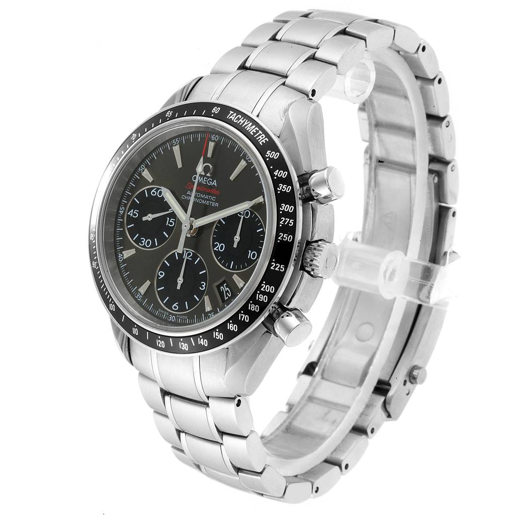 The Omega Speedmaster 323.30.40.40.06.001 Men
s Stainless Steel Grey Dial 323.30.40.40.06.001 Men
s Stainless Steel Grey Dial watch is shown at an angle displaying its face, chronograph dials, bezel, and metal bracelet.