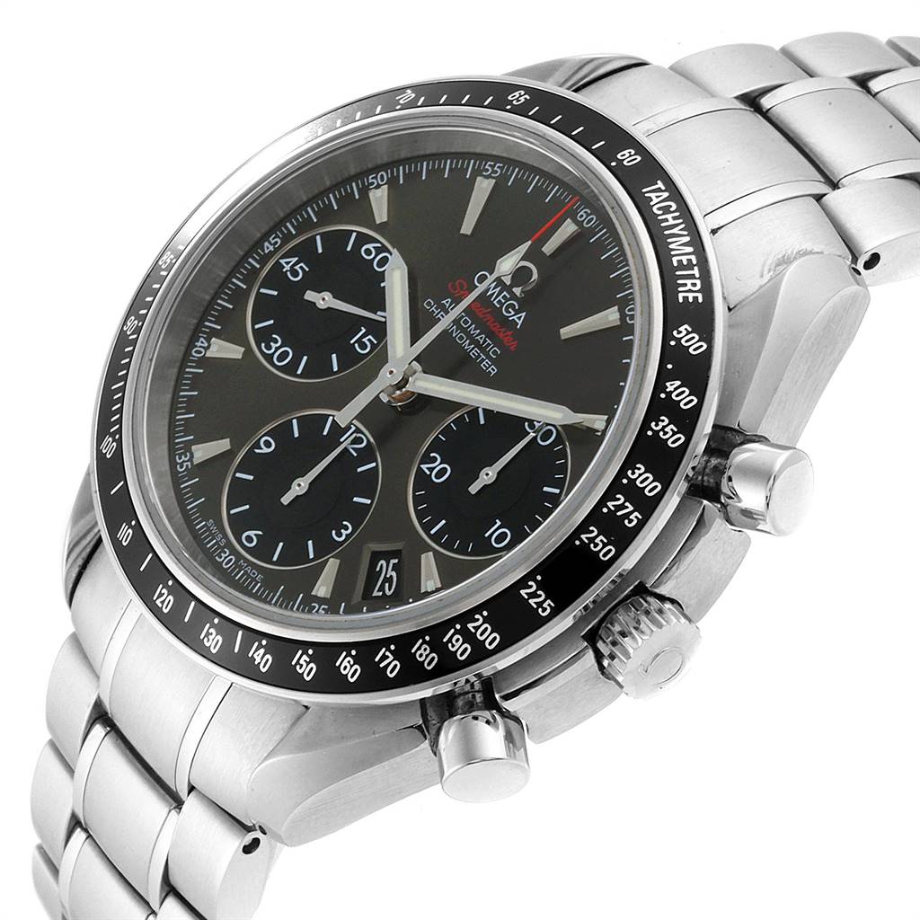 The image shows a close-up angle of an Omega Speedmaster 323.30.40.40.06.001 Men
s Stainless Steel Grey Dial 323.30.40.40.06.001 Men
s Stainless Steel Grey Dial watch, highlighting its chronograph dial, bezel, and pushers.
