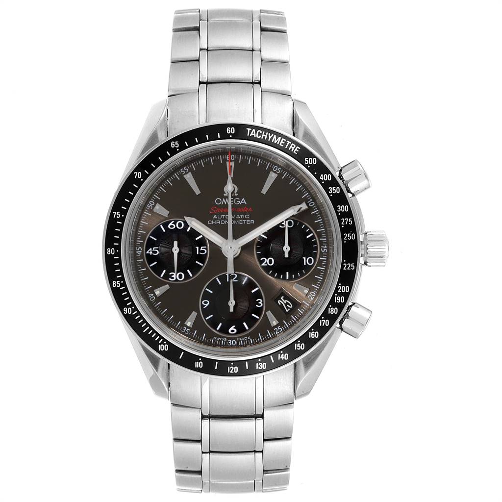The image shows a front view of an Omega Speedmaster 323.30.40.40.06.001 Men
s Stainless Steel Grey Dial 323.30.40.40.06.001 Men
s Stainless Steel Grey Dial watch, highlighting the dial, tachymeter, chronograph subdials, and stainless steel bracelet.