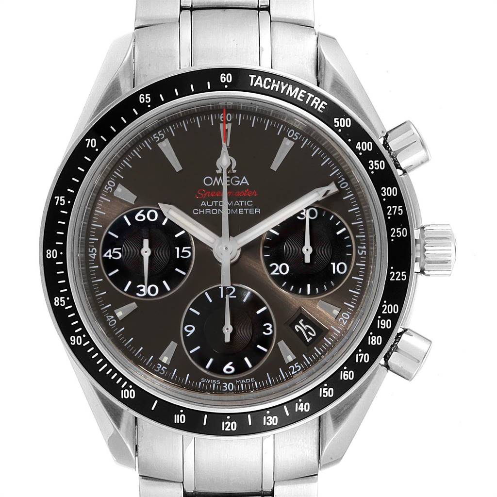 The image shows a front view of an Omega Speedmaster 323.30.40.40.06.001 Men
s Stainless Steel Grey Dial 323.30.40.40.06.001 Men
s Stainless Steel Grey Dial watch, highlighting its dial, chronograph subdials, and tachymeter bezel.