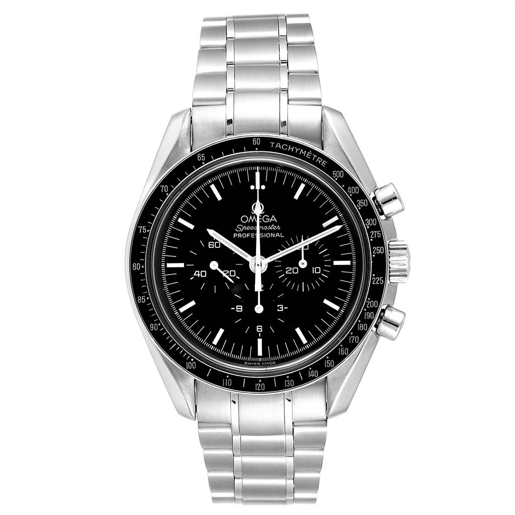 The image shows a front view of the Omega Speedmaster 3572.50.00 Men
s Stainless Steel Black Dial 3572.50.00 Men
s Stainless Steel Black Dial watch, highlighting its face, bezel, and metal bracelet.