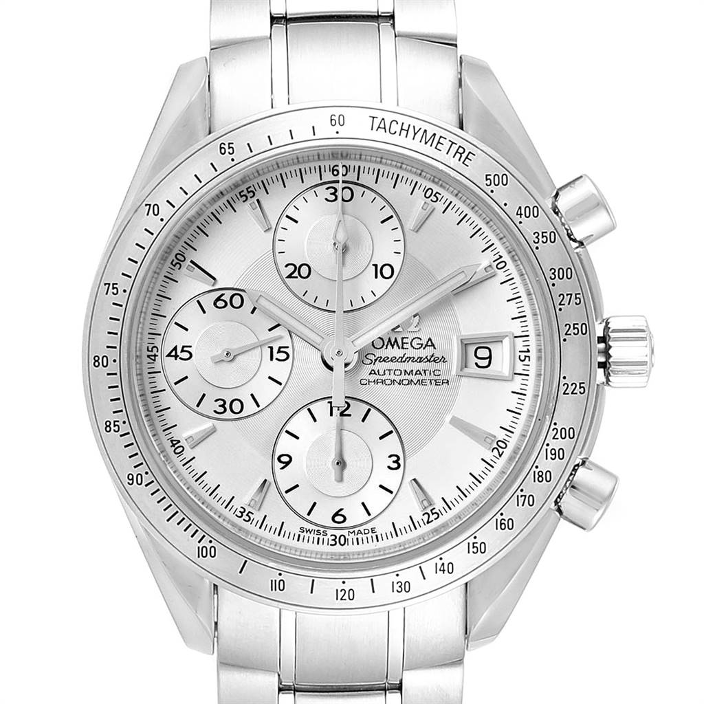 The image shows a frontal view of an Omega Speedmaster 3211.30.00 Men
s Stainless Steel Silver Dial 3211.30.00 Men
s Stainless Steel Silver Dial wristwatch, featuring its dial, chronograph sub-dials, and tachymeter bezel.