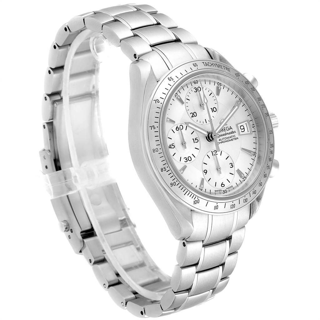 The image shows an Omega Speedmaster 3211.30.00 Men
s Stainless Steel Silver Dial 3211.30.00 Men
s Stainless Steel Silver Dial watch from a side angle highlighting the bracelet, case, and dial.