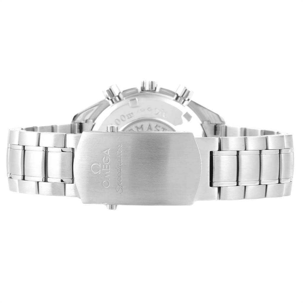 The image shows the clasp and part of the bracelet of the Omega Speedmaster 3211.30.00 Men
s Stainless Steel Silver Dial 3211.30.00 Men
s Stainless Steel Silver Dial watch, viewed from the rear.