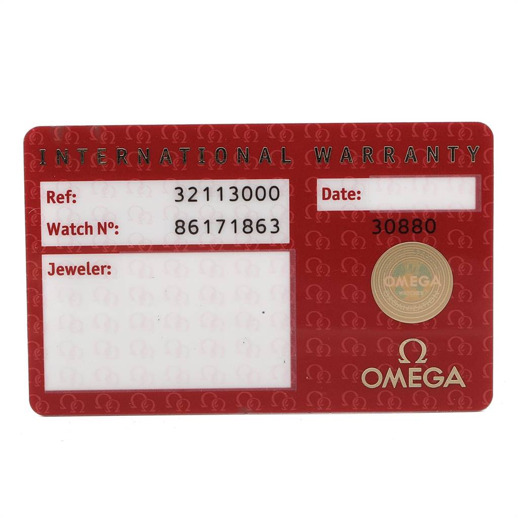 The image shows the Omega Speedmaster 3211.30.00 Men
s Stainless Steel Silver Dial 3211.30.00 Men
s Stainless Steel Silver Dial model
s International Warranty card, displaying reference, watch number, and branding details.