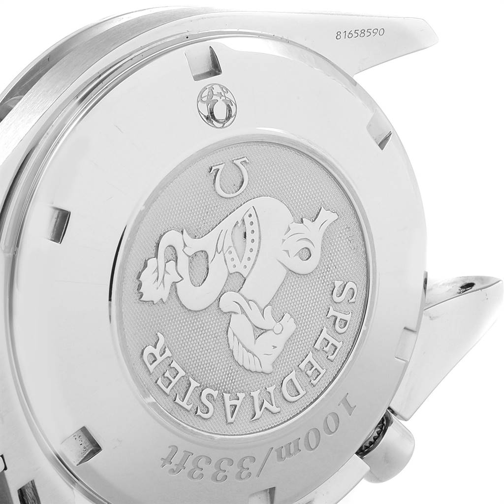 The image shows the back case of an Omega Speedmaster 3212.80.00 Men's Stainless Steel Blue Dial 3212.80.00 Men's Stainless Steel Blue Dial watch, highlighting its logo, model name, and water resistance details.