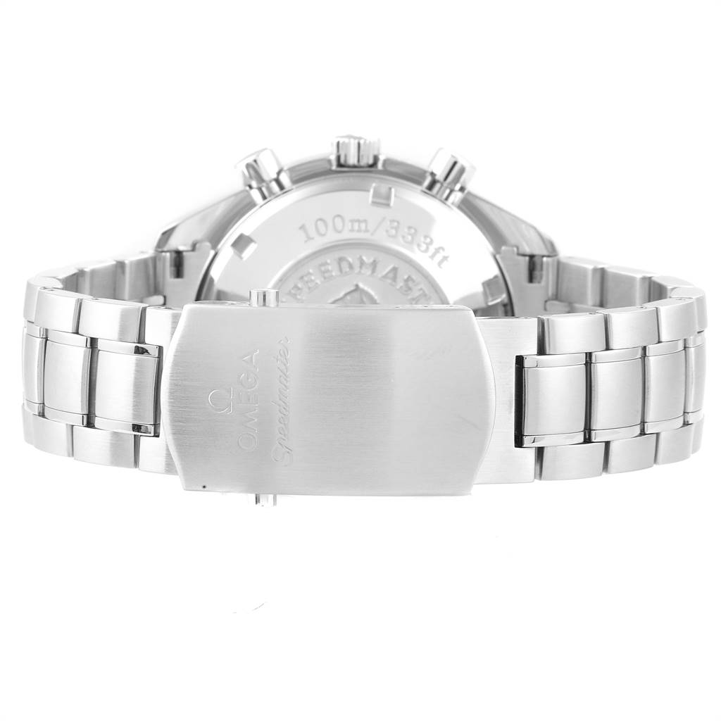 This image shows the back side of an Omega Speedmaster 3212.80.00 Men's Stainless Steel Blue Dial 3212.80.00 Men's Stainless Steel Blue Dial watch, focusing on the clasp and bracelet.