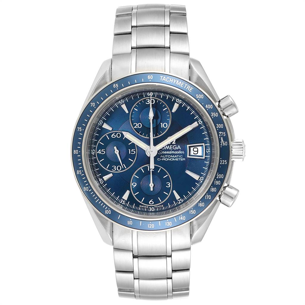 The image shows a front view of an Omega Speedmaster 3212.80.00 Men's Stainless Steel Blue Dial 3212.80.00 Men's Stainless Steel Blue Dial watch with a metal bracelet and a blue dial.