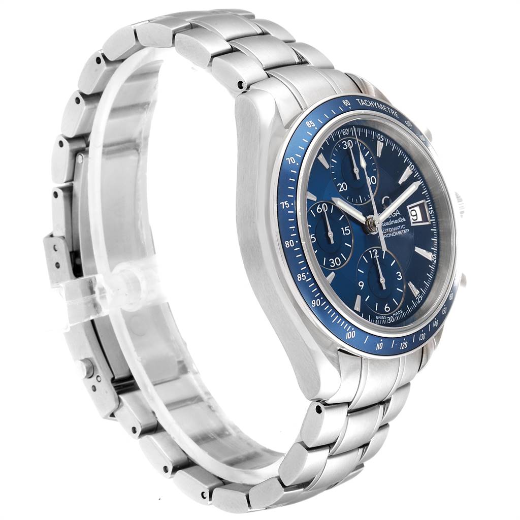 This image shows an angled side view of an Omega Speedmaster 3212.80.00 Men's Stainless Steel Blue Dial 3212.80.00 Men's Stainless Steel Blue Dial watch, displaying its blue dial, tachymeter bezel, and metal bracelet.