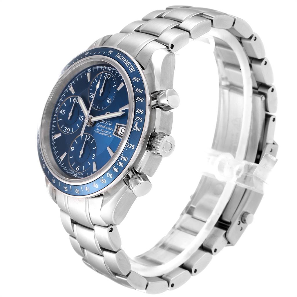 The Omega Speedmaster 3212.80.00 Men's Stainless Steel Blue Dial 3212.80.00 Men's Stainless Steel Blue Dial watch is shown at a three-quarter angle, highlighting the blue dial, tachymeter bezel, sub-dials, crown, pushers, and stainless steel bracelet.