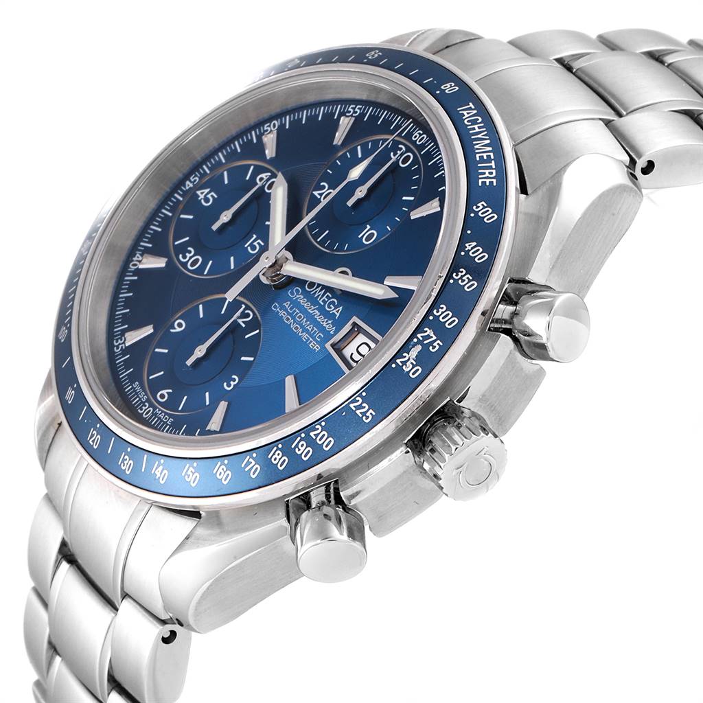 The Omega Speedmaster 3212.80.00 Men's Stainless Steel Blue Dial 3212.80.00 Men's Stainless Steel Blue Dial watch is shown at a three-quarter angle, highlighting its blue dial, tachymeter bezel, subdials, and metal bracelet.
