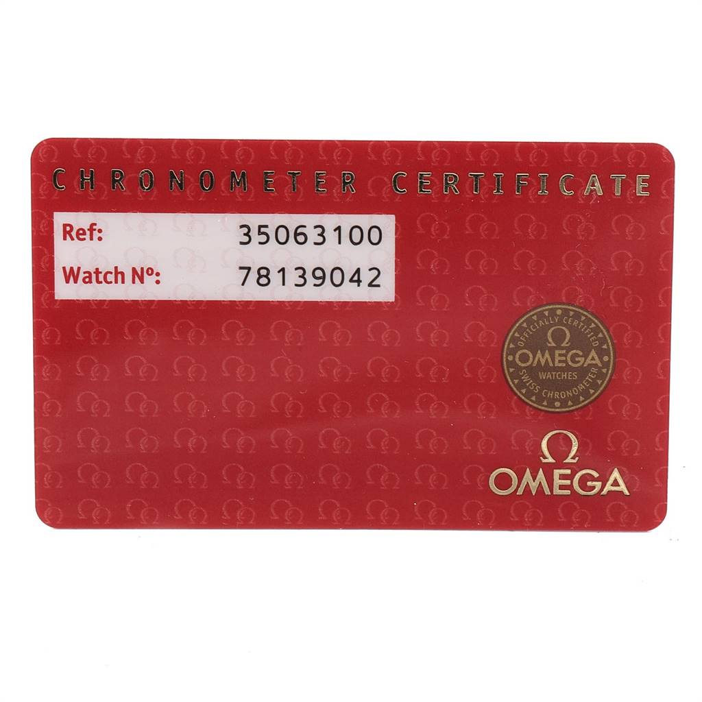 The image shows the chronometer certificate card for an Omega Speedmaster 3506.31.00 Men
s Stainless Steel Silver Dial 3506.31.00 Men
s Stainless Steel Silver Dial watch, detailing the reference and watch number.