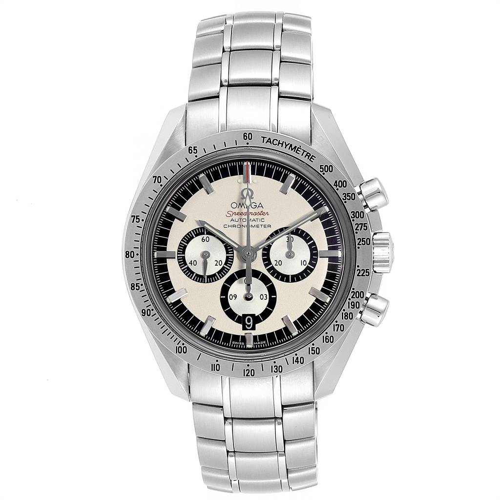 This image shows the front view of an Omega Speedmaster 3506.31.00 Men
s Stainless Steel Silver Dial 3506.31.00 Men
s Stainless Steel Silver Dial watch, displaying its dial, bezel, and metal bracelet.