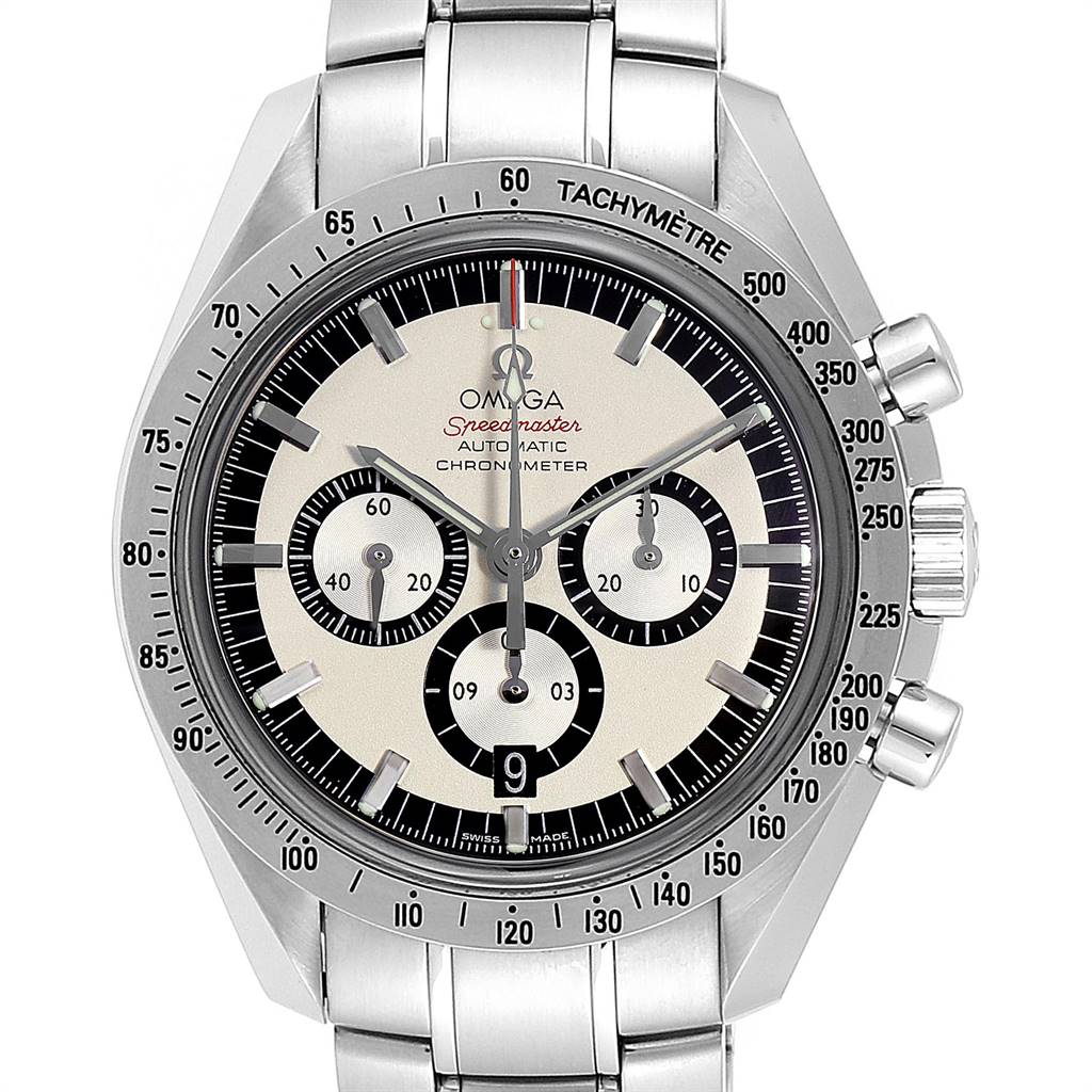 The image shows a front view of an Omega Speedmaster 3506.31.00 Men
s Stainless Steel Silver Dial 3506.31.00 Men
s Stainless Steel Silver Dial watch, highlighting its face, subdials, and stainless steel bracelet.