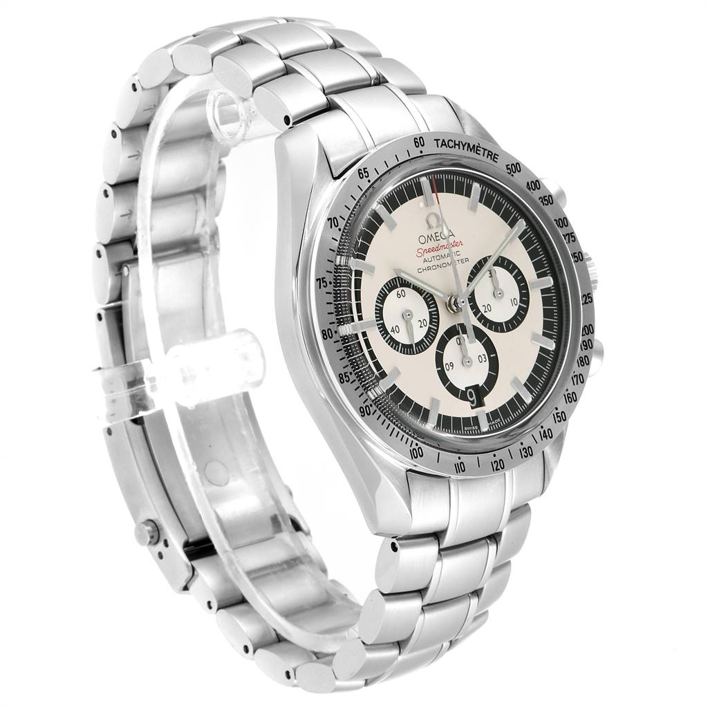 The image shows an Omega Speedmaster 3506.31.00 Men
s Stainless Steel Silver Dial 3506.31.00 Men
s Stainless Steel Silver Dial watch at a three-quarter angle, highlighting its face, bezel, and metal bracelet.