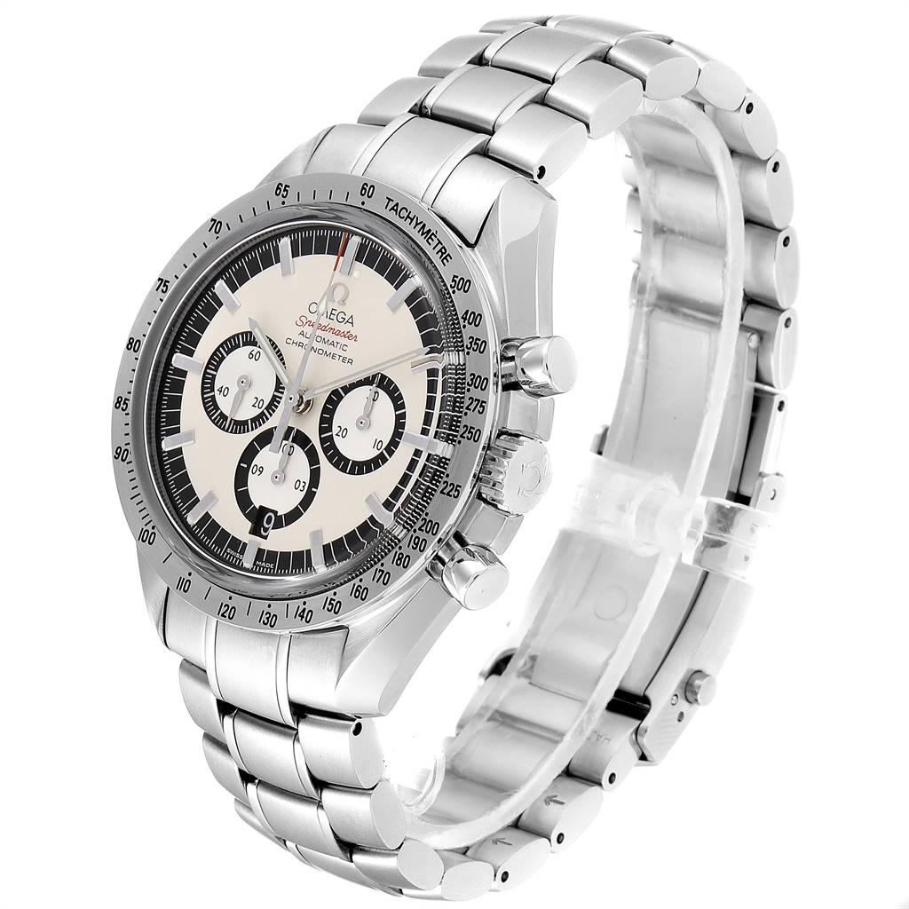 The Omega Speedmaster 3506.31.00 Men
s Stainless Steel Silver Dial 3506.31.00 Men
s Stainless Steel Silver Dial watch is shown at a three-quarter angle, highlighting the dial, bezel, bracelet, and chronograph pushers.