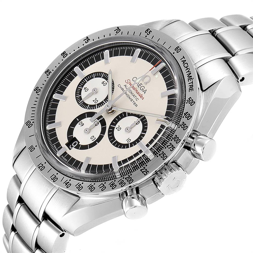 The image shows an Omega Speedmaster 3506.31.00 Men
s Stainless Steel Silver Dial 3506.31.00 Men
s Stainless Steel Silver Dial watch from an angled side view, highlighting the tachymeter bezel, chronograph dials, and bracelet.