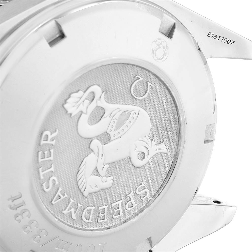 The image shows the case back of an Omega Speedmaster 3221.30.00 Men
s Stainless Steel Silver Dial 3221.30.00 Men
s Stainless Steel Silver Dial watch, featuring an engraved emblem and text.