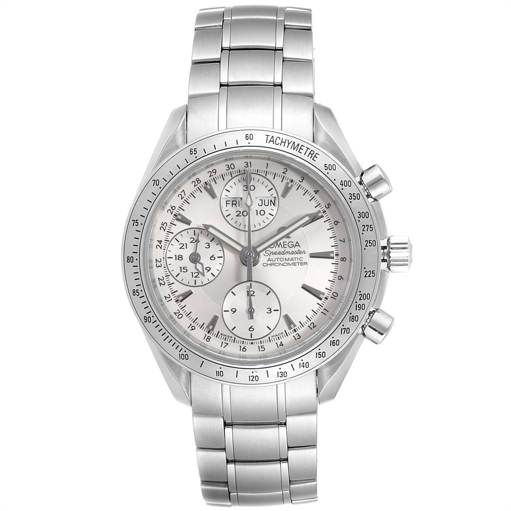 Front view of an Omega Speedmaster 3221.30.00 Men
s Stainless Steel Silver Dial 3221.30.00 Men
s Stainless Steel Silver Dial watch showing the dial, sub-dials, bezel, and bracelet.