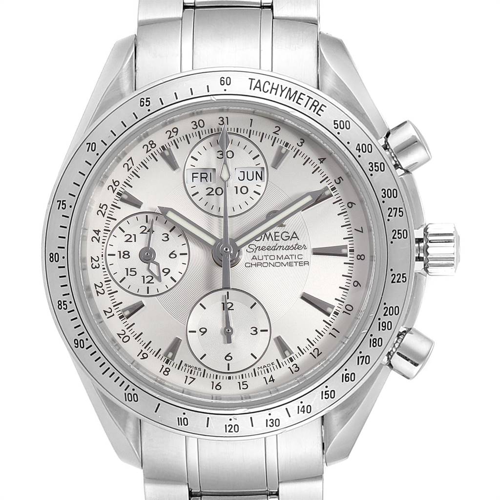 The Omega Speedmaster 3221.30.00 Men
s Stainless Steel Silver Dial 3221.30.00 Men
s Stainless Steel Silver Dial watch is shown from the front, displaying a detailed view of its face, bezel, and stainless steel bracelet.