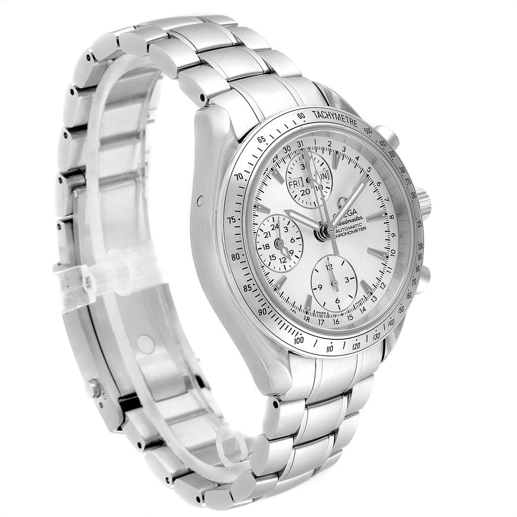 This image shows a side view of an Omega Speedmaster 3221.30.00 Men
s Stainless Steel Silver Dial 3221.30.00 Men
s Stainless Steel Silver Dial watch, highlighting the band, bezel, and dial with subdials and tachymeter.