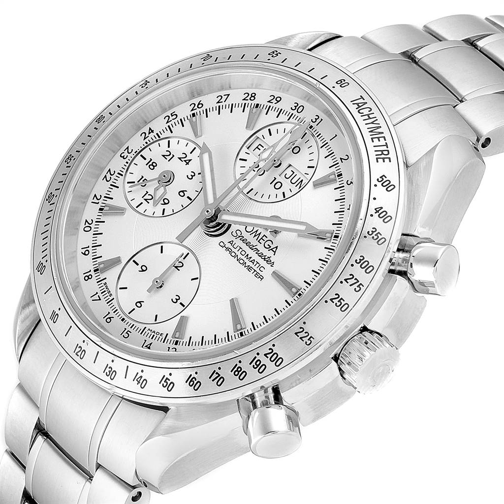 The Omega Speedmaster 3221.30.00 Men
s Stainless Steel Silver Dial 3221.30.00 Men
s Stainless Steel Silver Dial watch is shown at an angled close-up, displaying its dial, tachymeter bezel, and stainless steel bracelet.