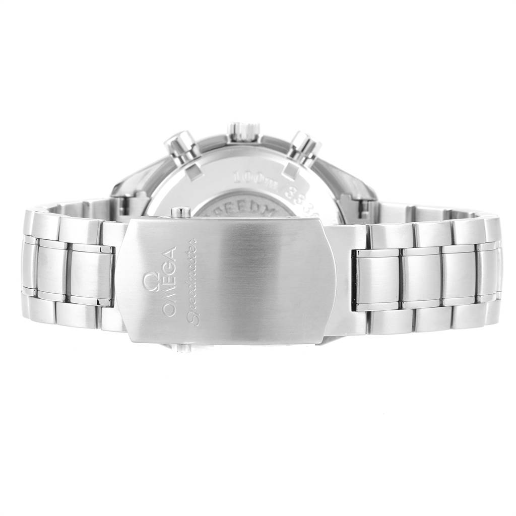 The image shows the bracelet and clasp of the Omega Speedmaster 3221.30.00 Men
s Stainless Steel Silver Dial 3221.30.00 Men
s Stainless Steel Silver Dial watch from the rear angle.