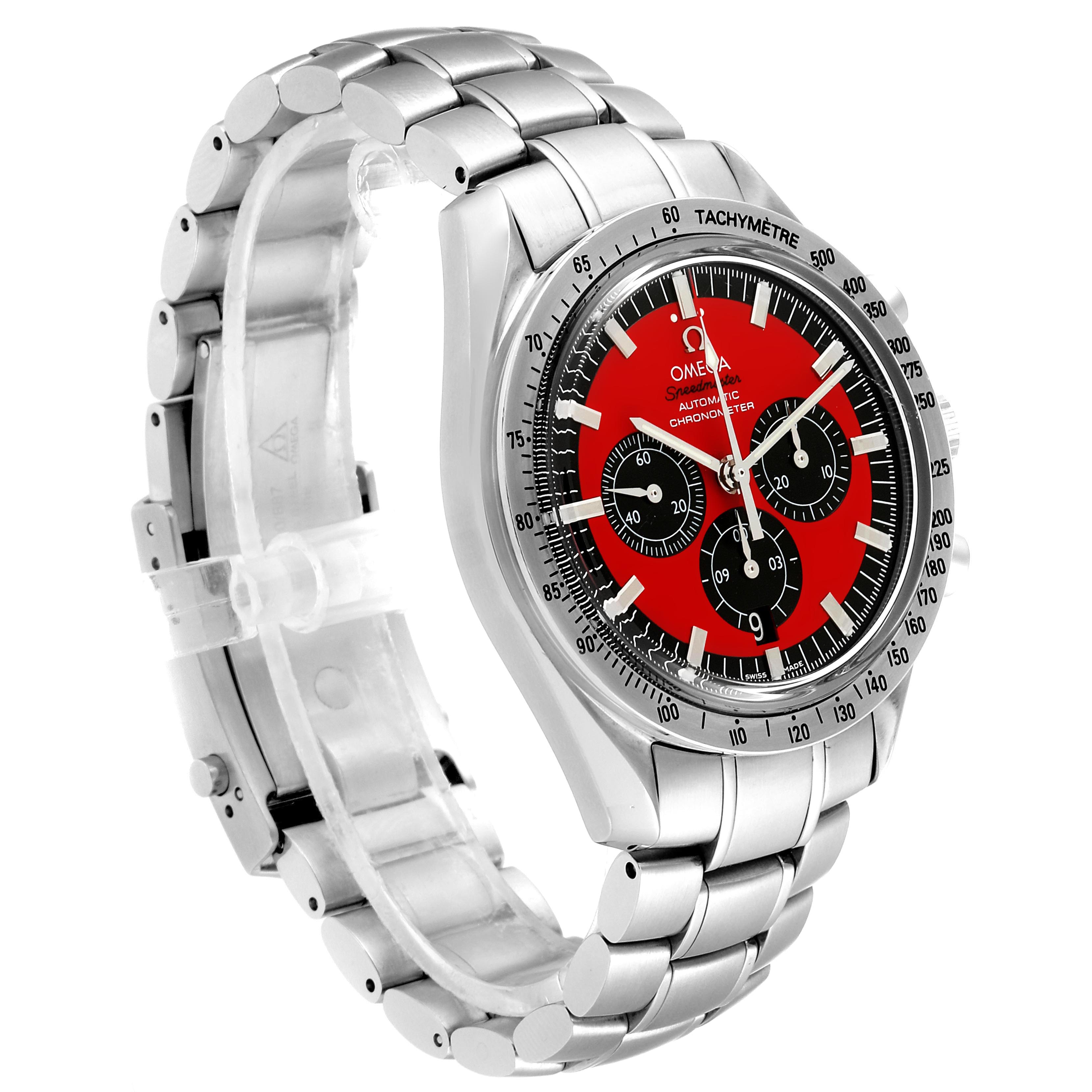 The image shows a side angle of the Omega Speedmaster 3506.61.00 Men's Stainless Steel Red Dial 3506.61.00 Men's Stainless Steel Red Dial watch, highlighting the stainless steel band, red dial, and tachymeter bezel.