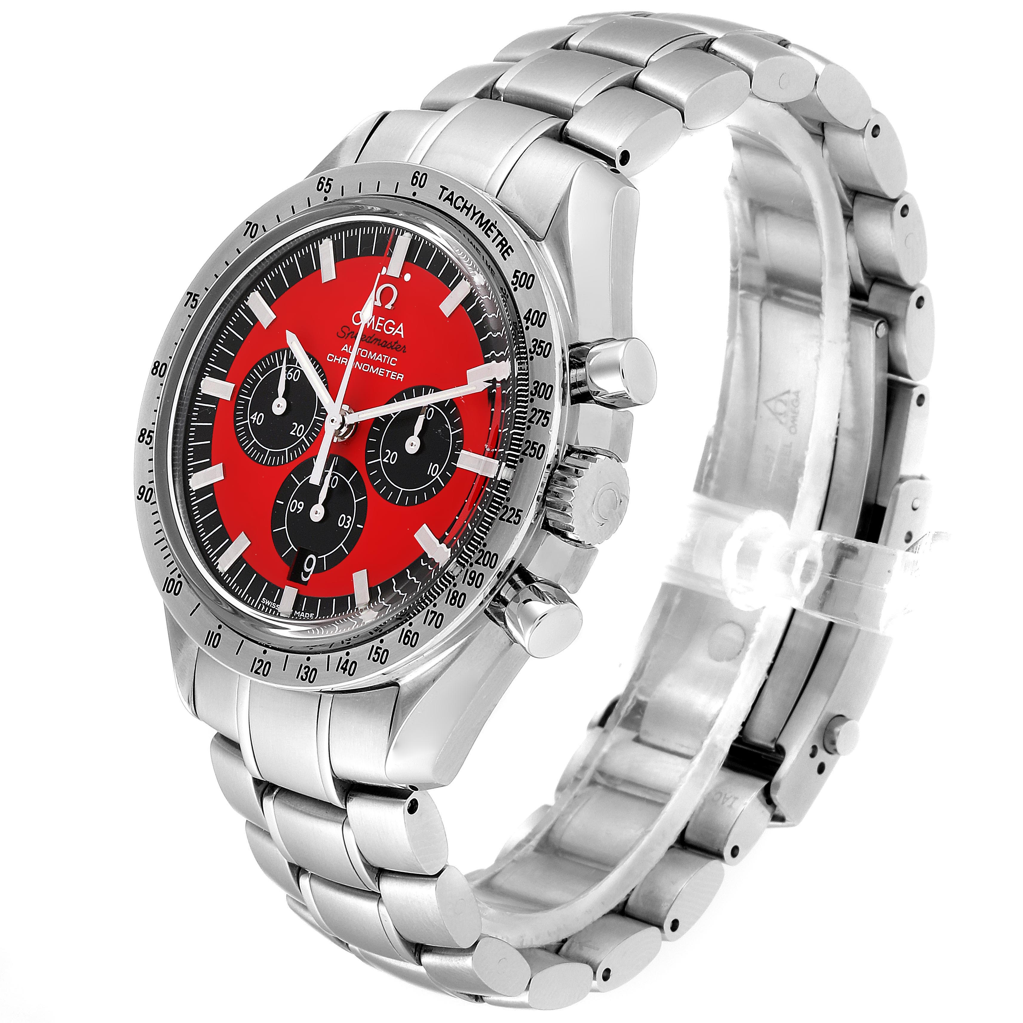 The image shows a side angle of an Omega Speedmaster 3506.61.00 Men's Stainless Steel Red Dial 3506.61.00 Men's Stainless Steel Red Dial watch, highlighting its red dial, tachymeter, and stainless steel bracelet.