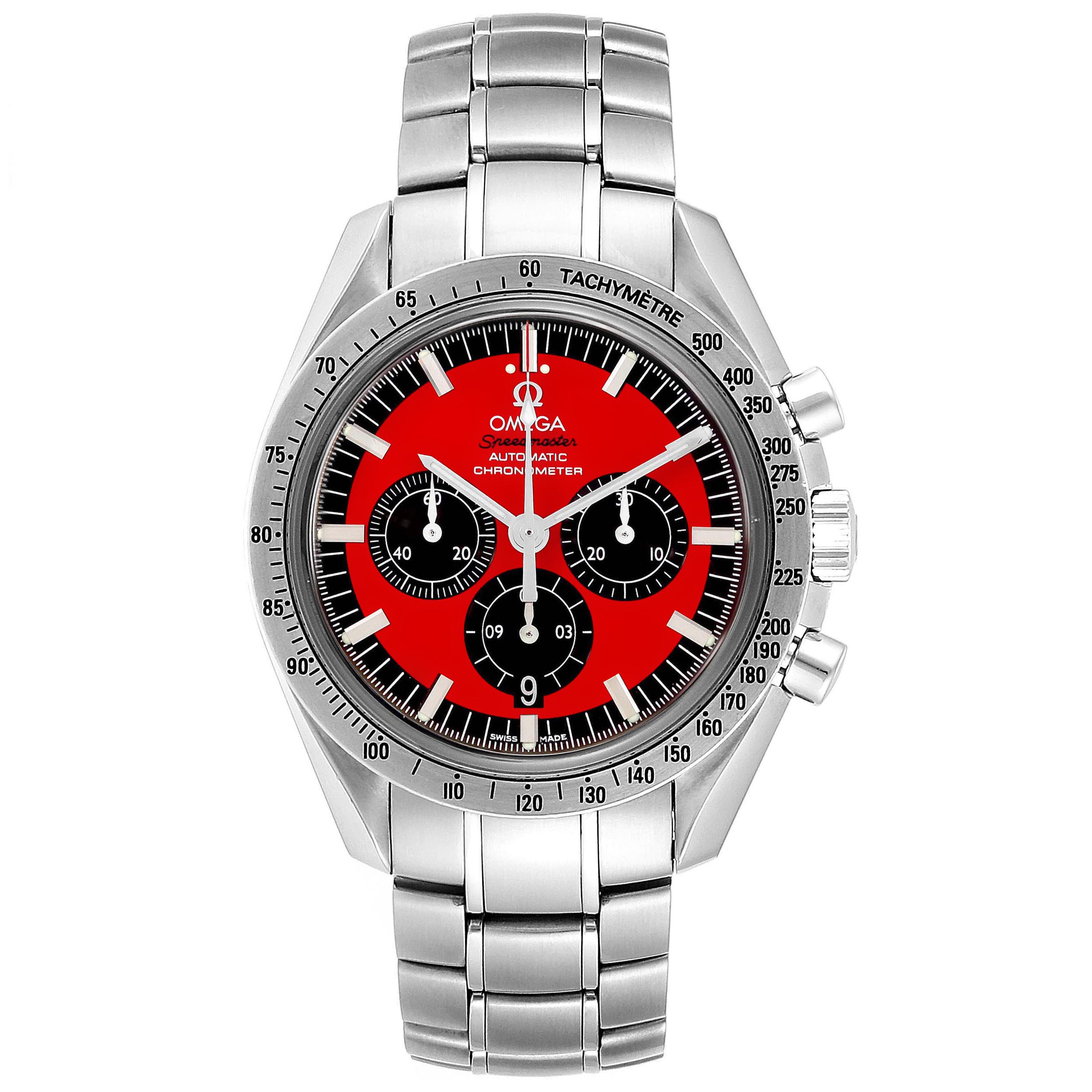 The Omega Speedmaster 3506.61.00 Men's Stainless Steel Red Dial 3506.61.00 Men's Stainless Steel Red Dial watch is shown from a front angle, revealing its face and stainless steel bracelet.